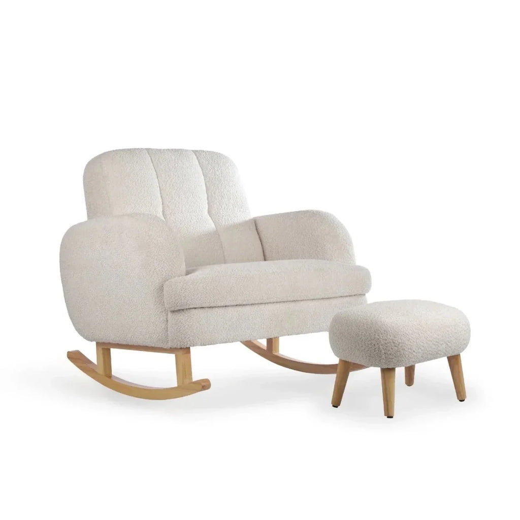 Light beige boucle nursing chair with foot stool, rocking base and rounded seat