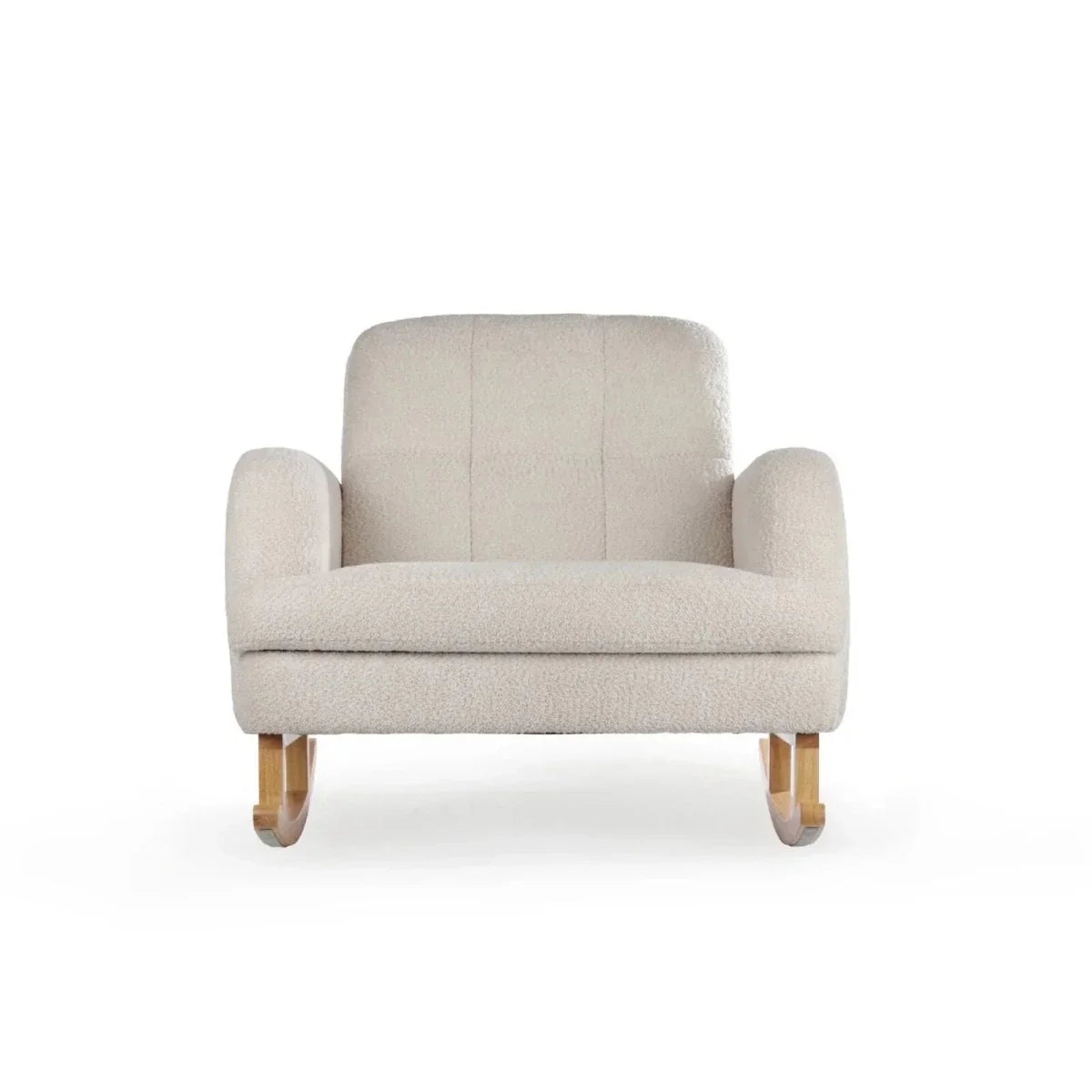Light beige boucle nursing chair with wide arms and straight legs, front view