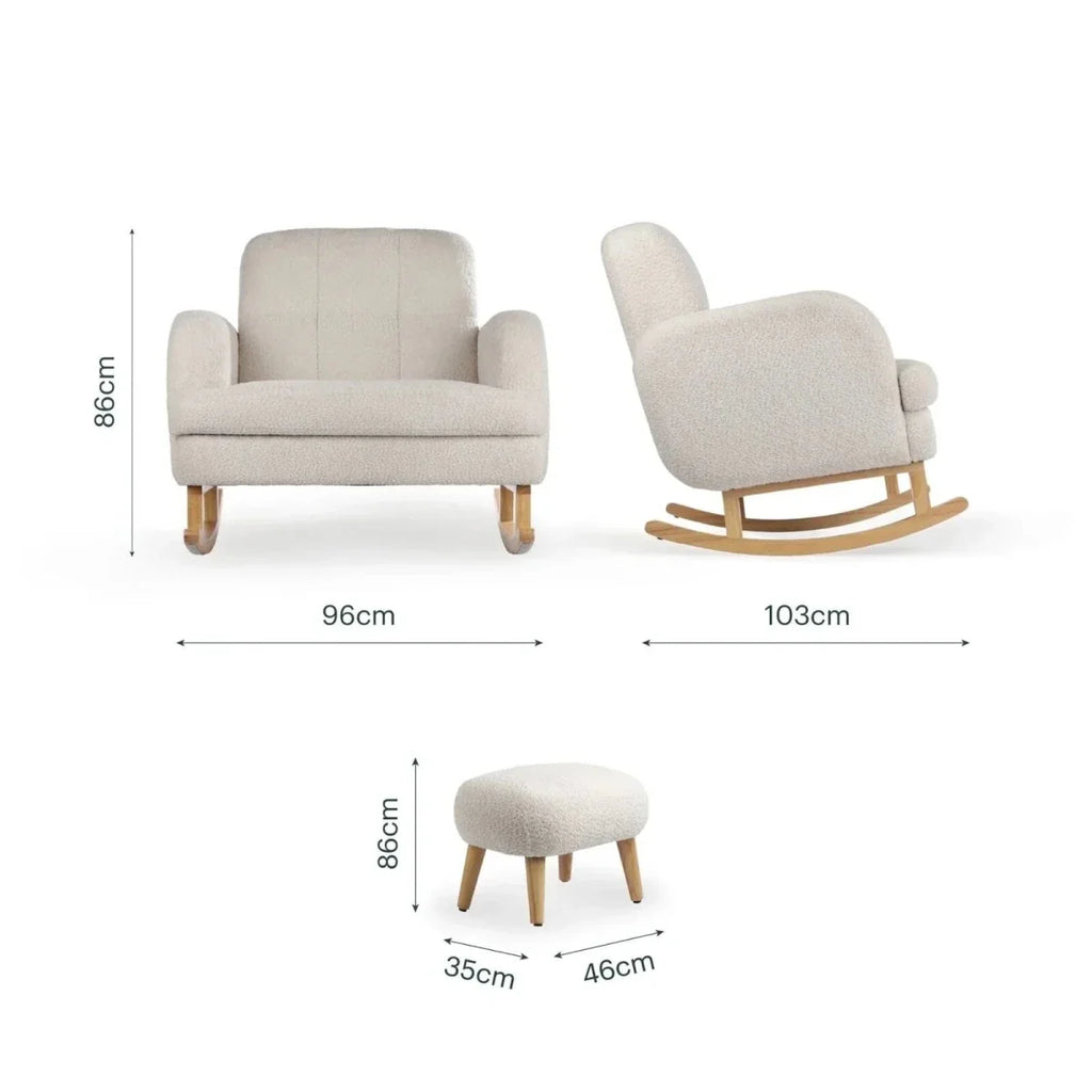Light beige boucle nursing chair and foot stool with size measurements diagram