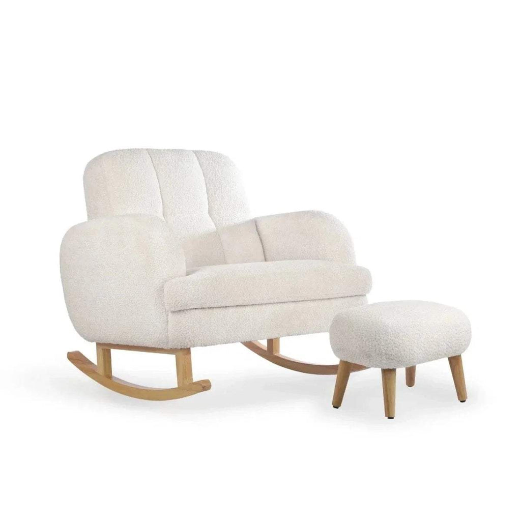 Boucle off-white nursing chair with rocking base and matching ottoman foot stool