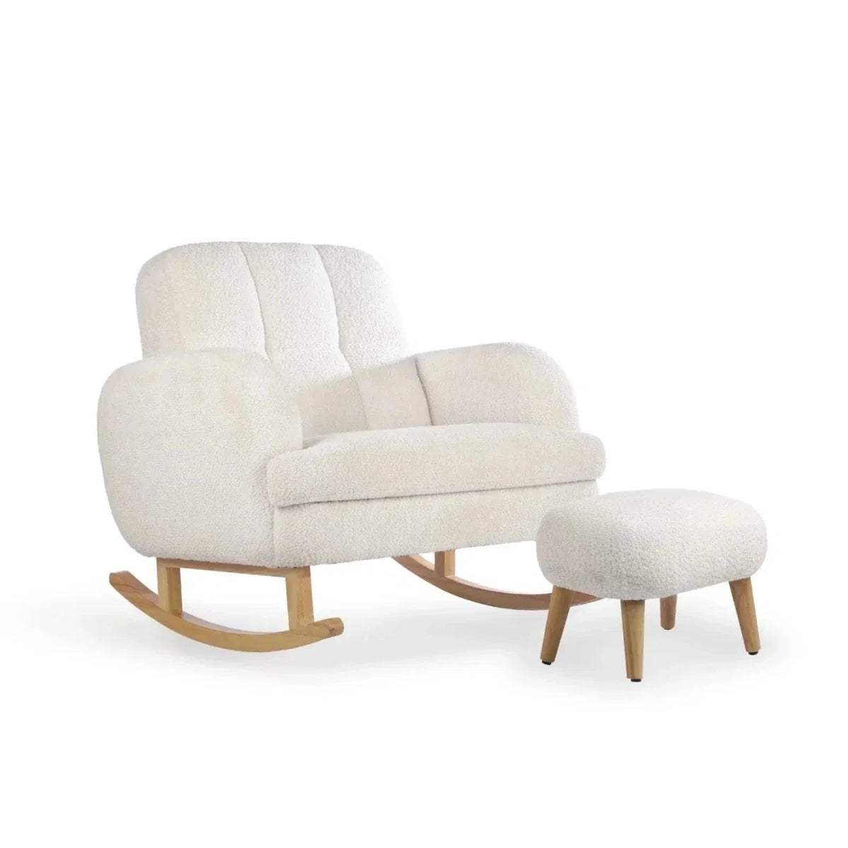 Boucle off-white nursing chair with rocking base and matching ottoman foot stool