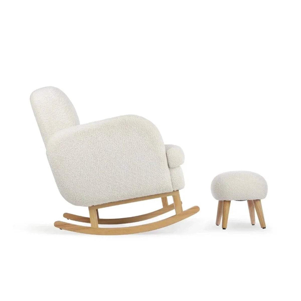 Boucle off-white nursing chair with rocking runners and round matching foot stool