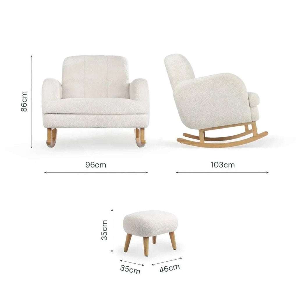 Nursing chair and foot stool size diagram in off-white (86cm, 96cm, 103cm)