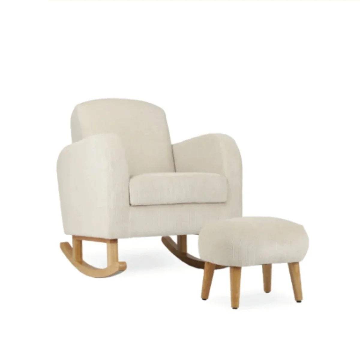 Nursing chair with matching footstool, light beige fabric, curved rocking base