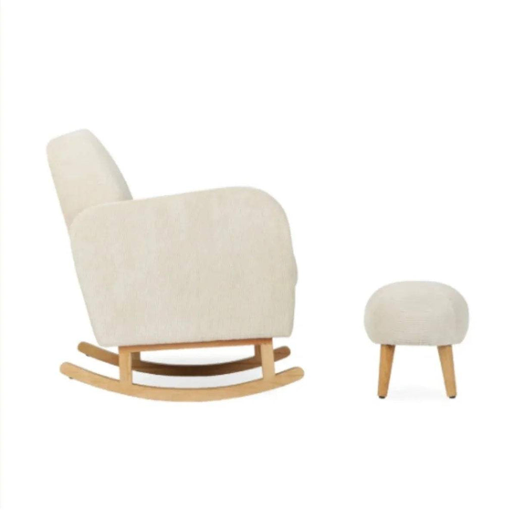 Light beige nursing chair with footstool, side view, curved rocking runners