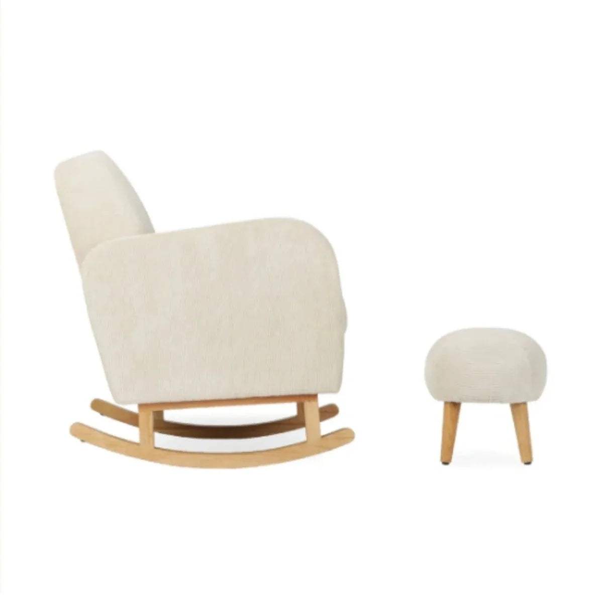 Light beige nursing chair with footstool, side view, curved rocking runners