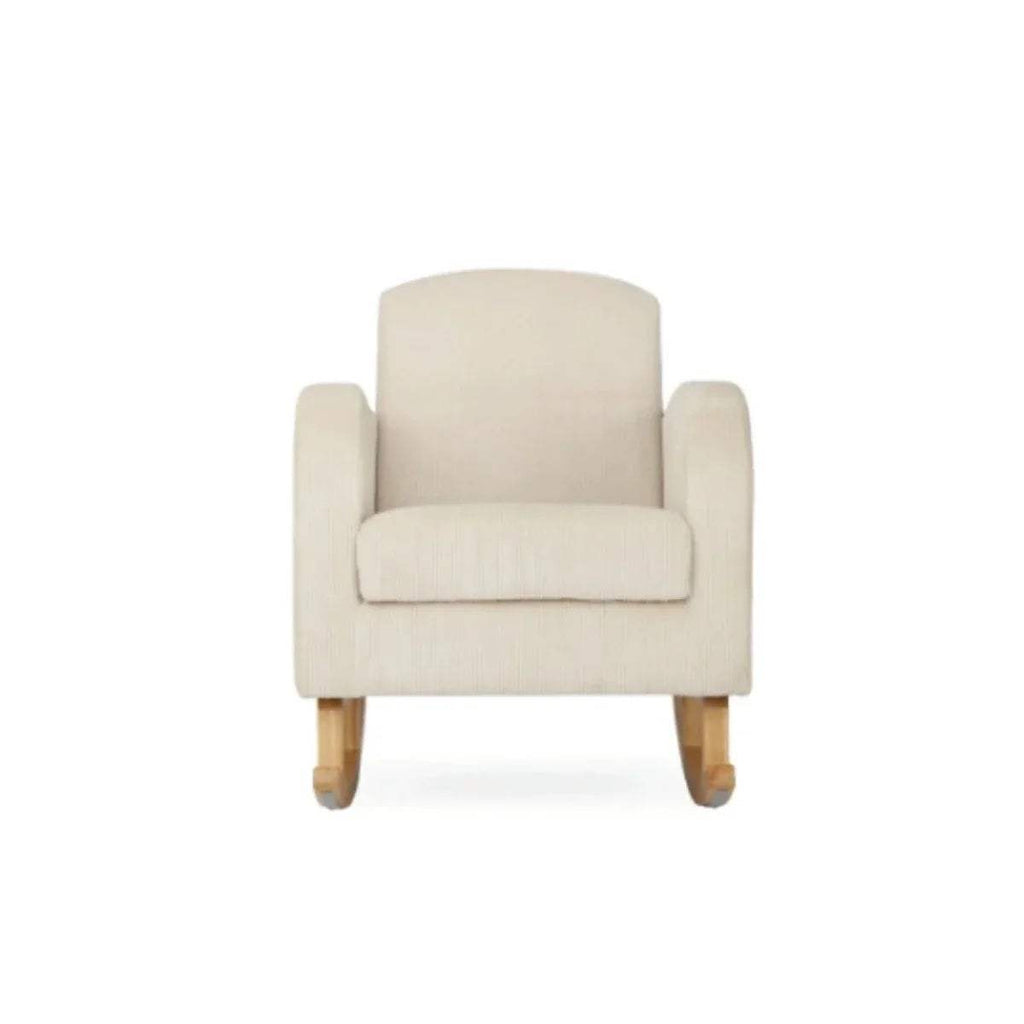 Light beige nursing chair, front view, padded armrests, rocking base