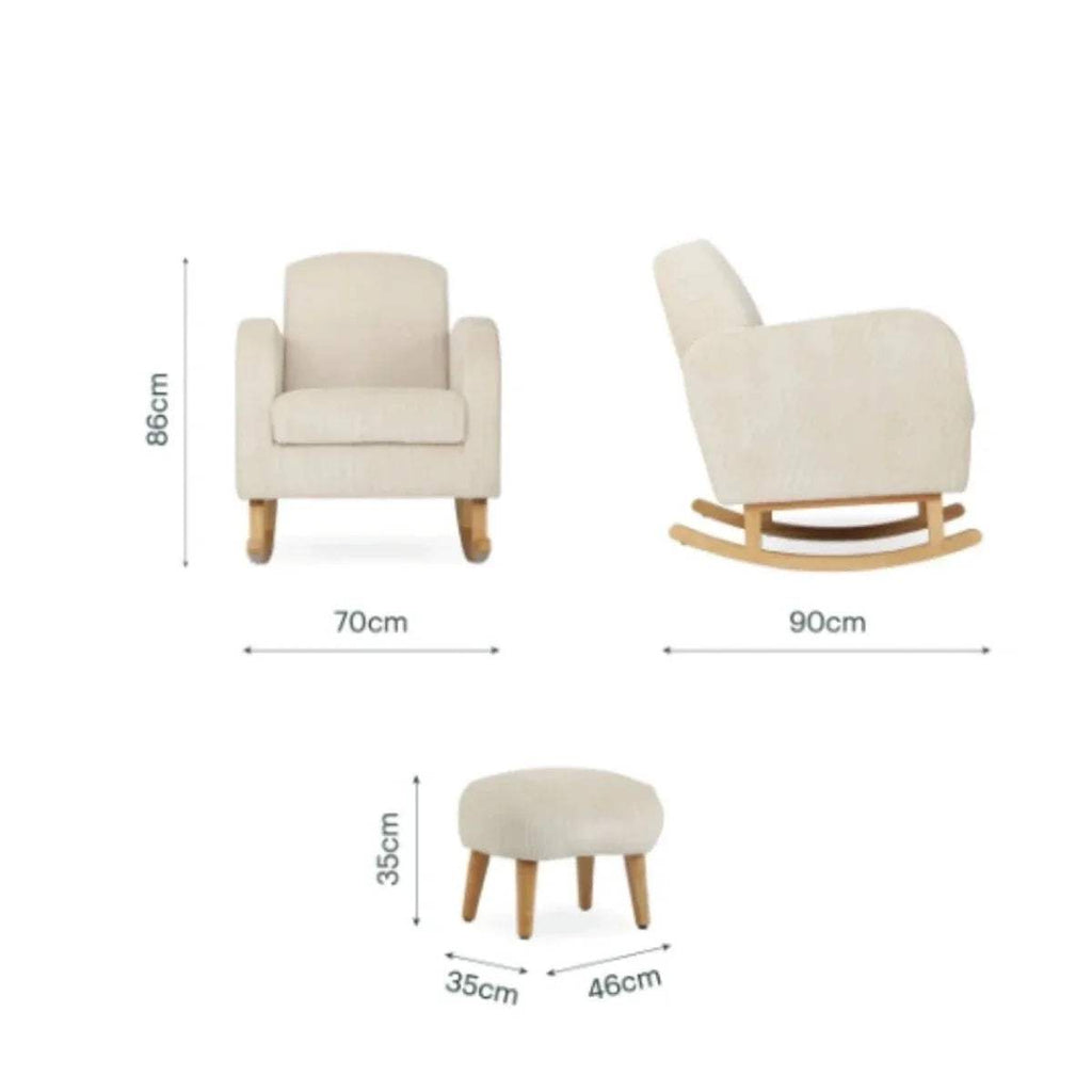 Nursing chair and footstool set in light beige, with product dimensions