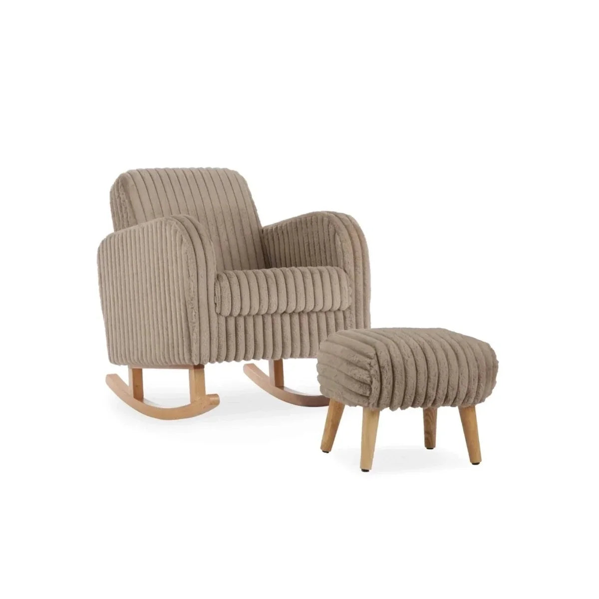 Faux fur nursing chair and footstool in mink, ribbed upholstery, curved wooden rockers.