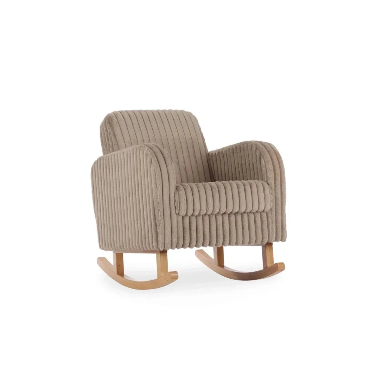 Mink faux-fur rocking nursing chair, ribbed upholstery, curved wooden rockers.