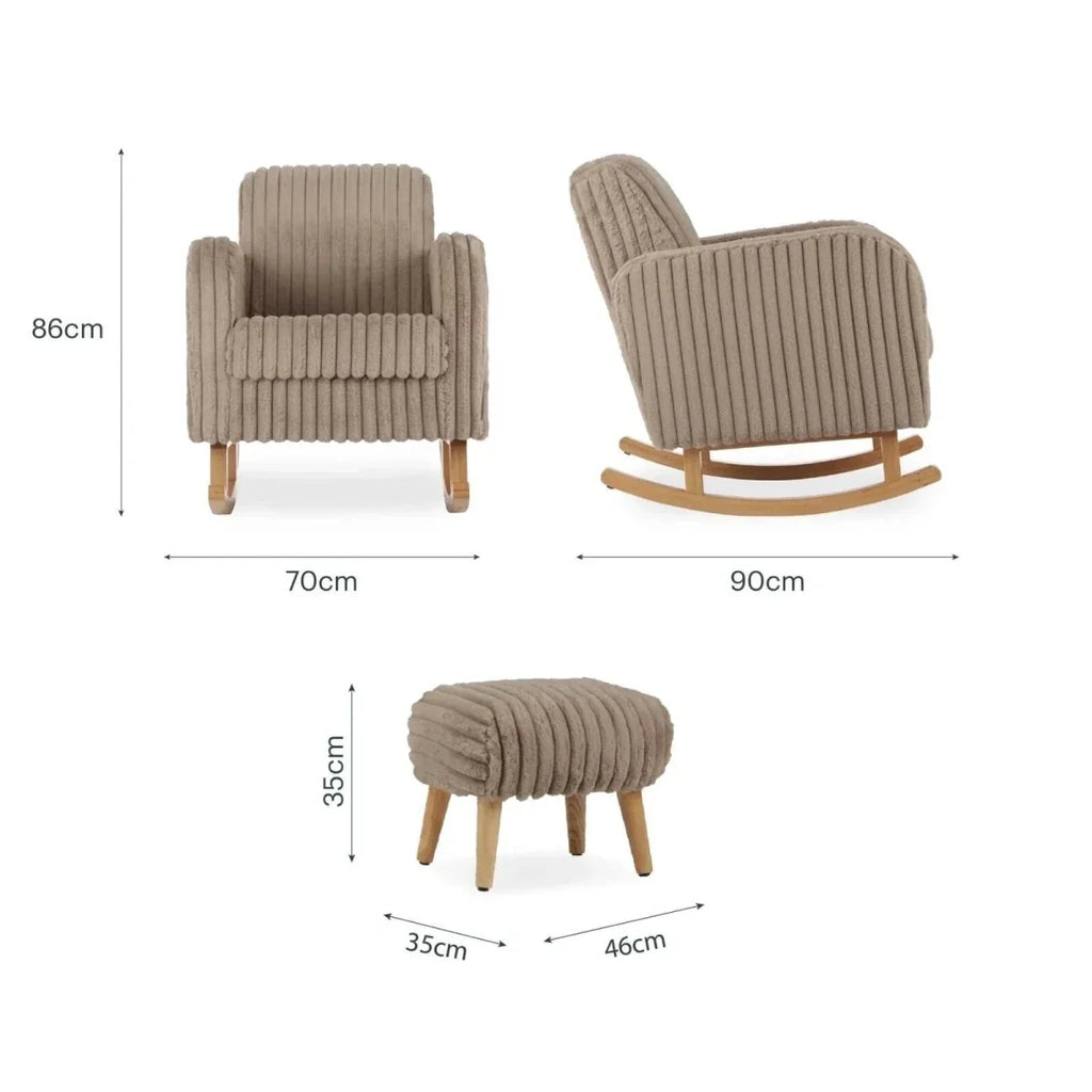 Mink faux-fur nursing chair and footstool set shown from multiple angles with rockers.