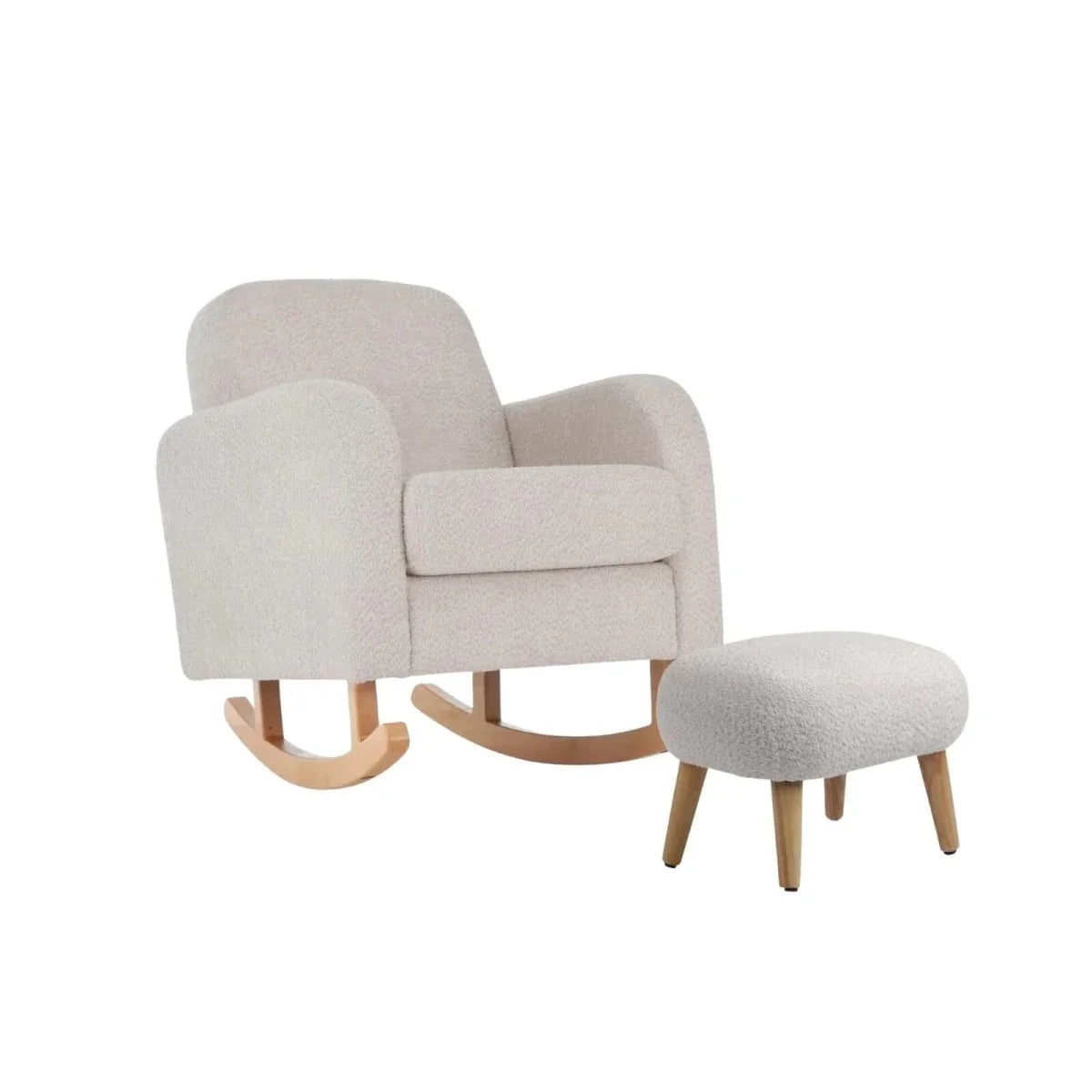 Boucle nursing chair with wooden rocking base and matching footstool