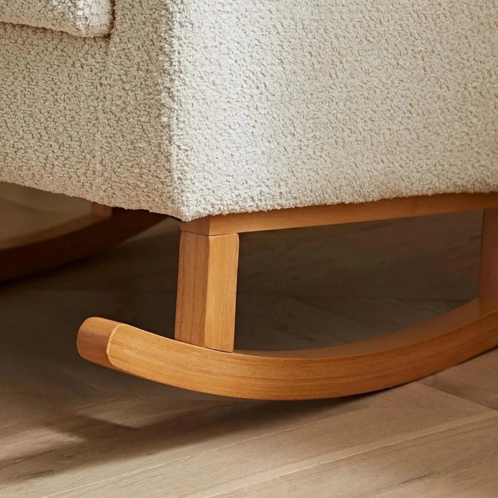 CuddleCo Etta nursing chair in mushroom boucle with curved wooden rocking base
