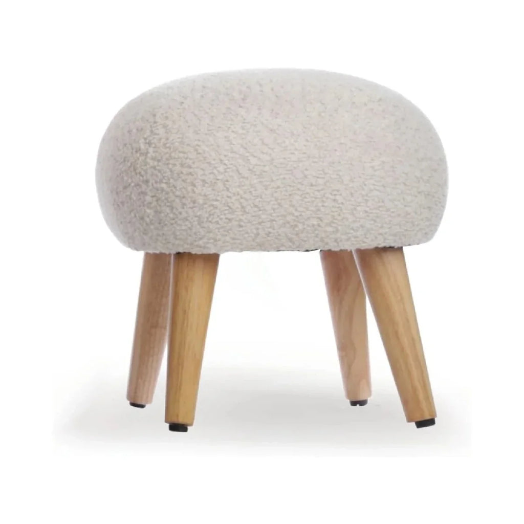 Boucle mushroom foot stool with rounded upholstered top and wooden legs