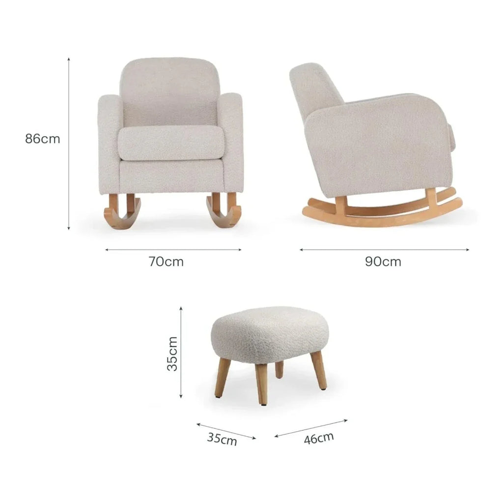 CuddleCo Etta nursing chair and foot stool set with size dimensions shown