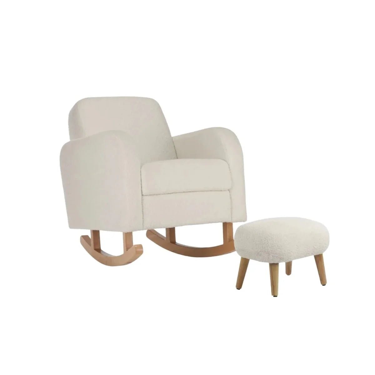 Boucle off-white nursing chair with curved rocking base and matching foot stool