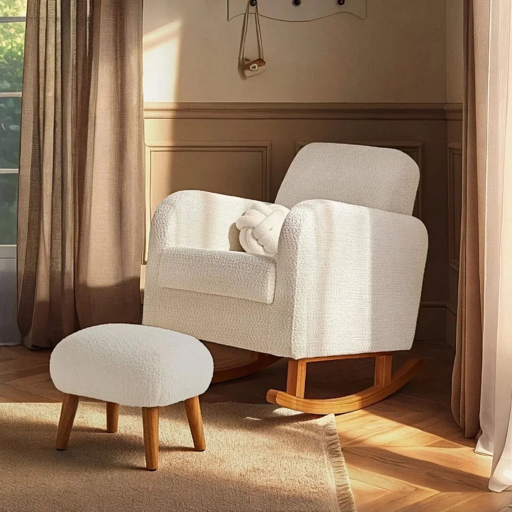 Off-white nursing chair and foot stool set with upholstered armchair and rocker