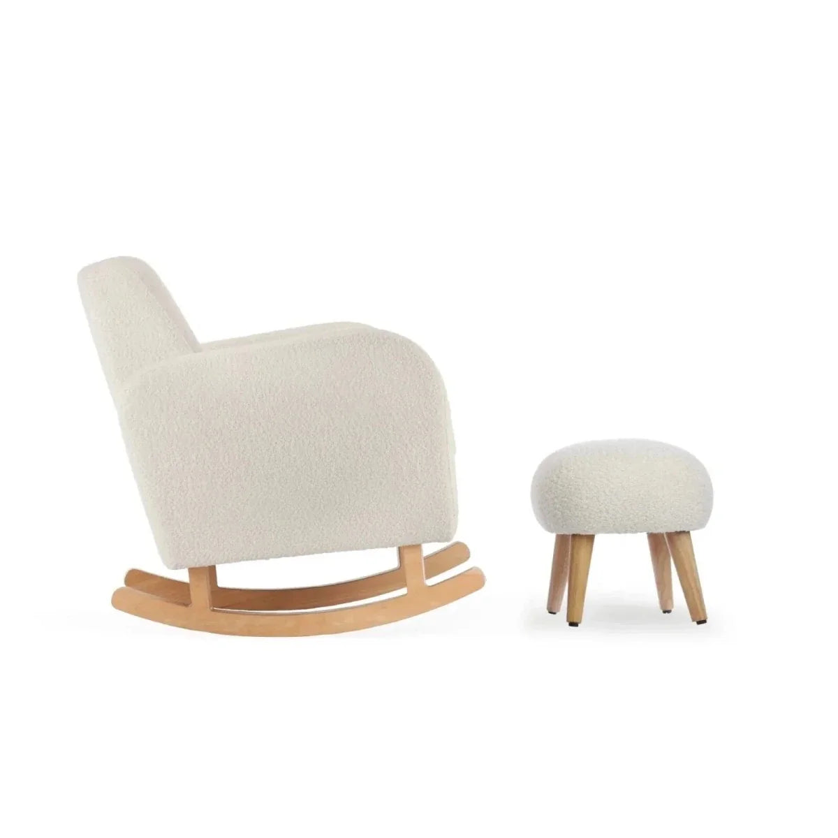 Boucle off-white nursing chair and round foot stool with light wood rocker runners