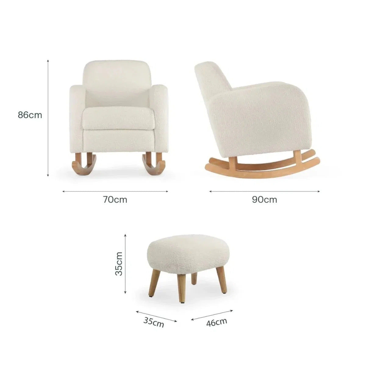 Nursing chair and foot stool with size diagram and off-white boucle upholstery