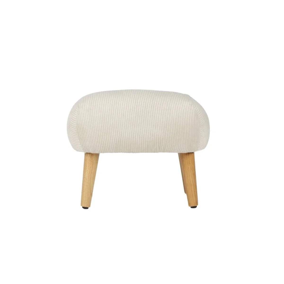Sand upholstered footstool with rounded cushioned top and four light wood legs