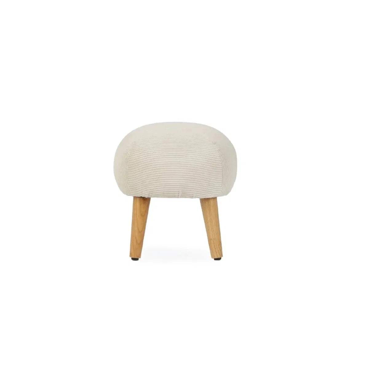 Sand round cushioned footstool with four tapered wooden legs