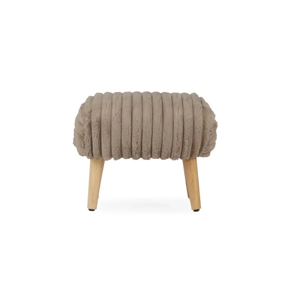 Mink faux-fur footstool with ribbed padded top and tapered wooden legs