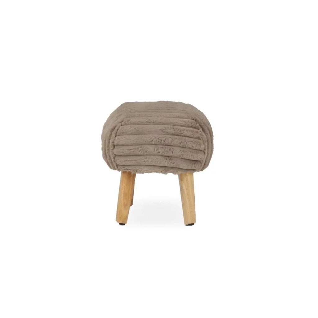 Mink faux-fur round footstool with tufted ribbed top and 4 wooden legs