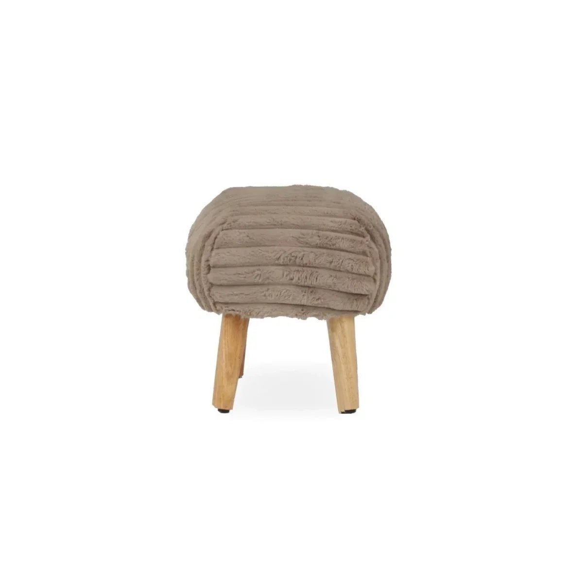 Mink faux-fur round footstool with tufted ribbed top and 4 wooden legs