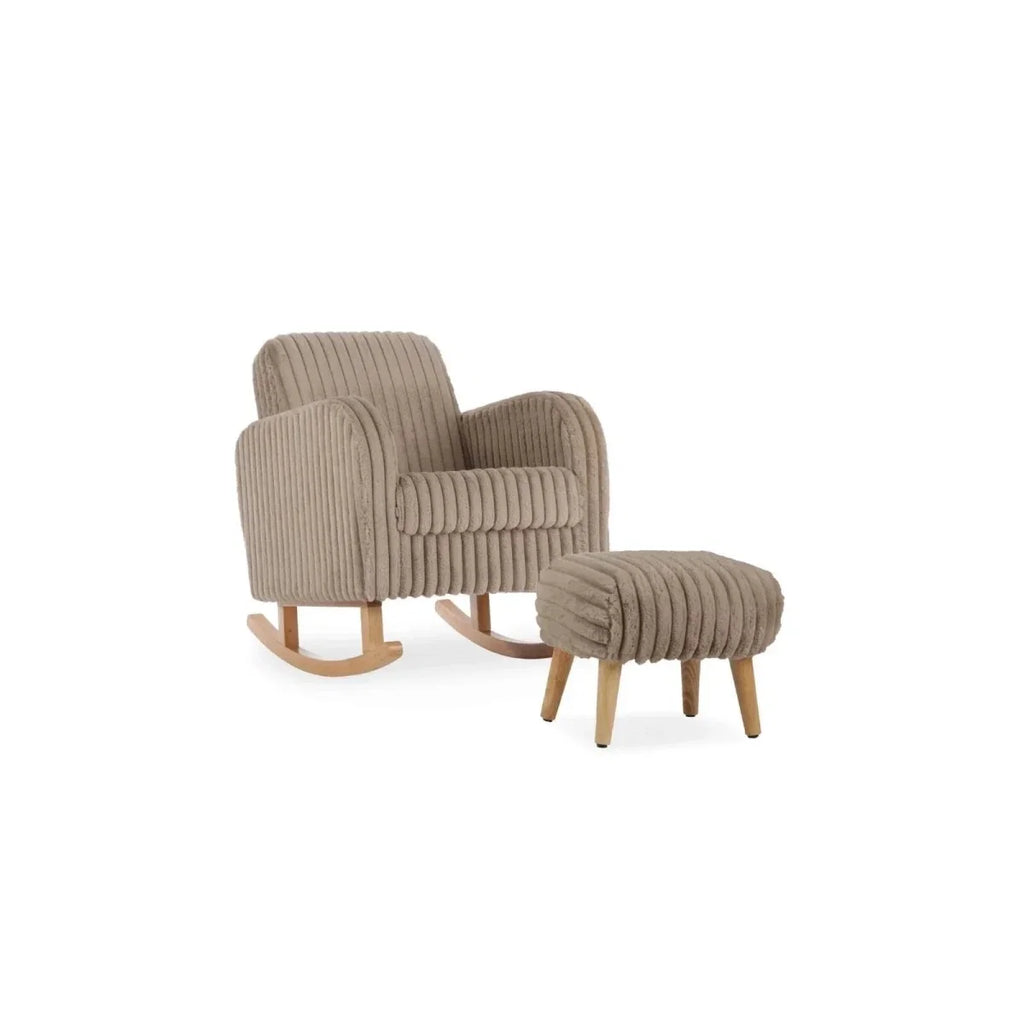 Faux-fur mink footstool with ribbed padded seat and short wooden legs