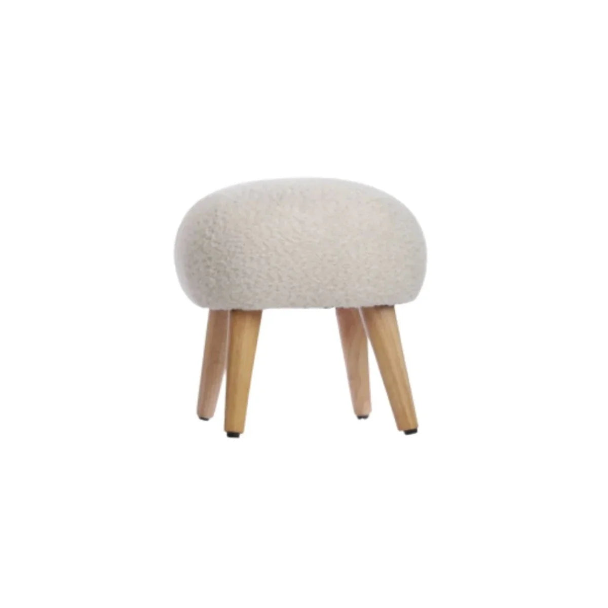 Boucle foot stool in mushroom beige with cushioned round seat and light wood legs.