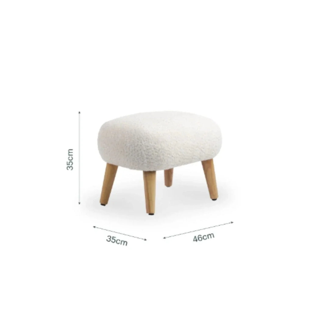 Boucle foot stool in mushroom beige: 46cm W x 35cm D, 35cm H, round padded seat.