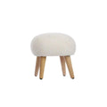 Off-white boucle foot stool with rounded padded top and tapered wooden legs