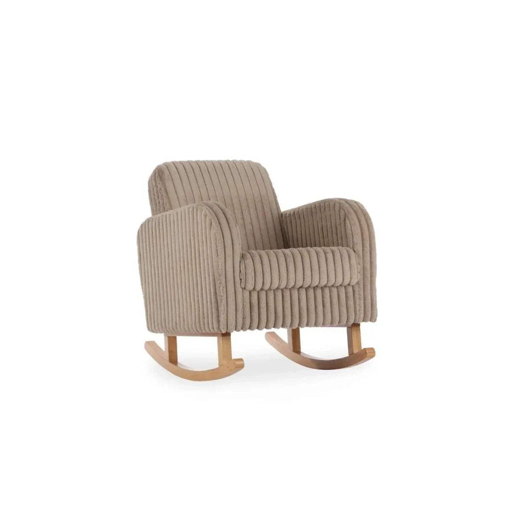 Mink ribbed nursing chair with tall back, padded arms, and curved wooden rocking base