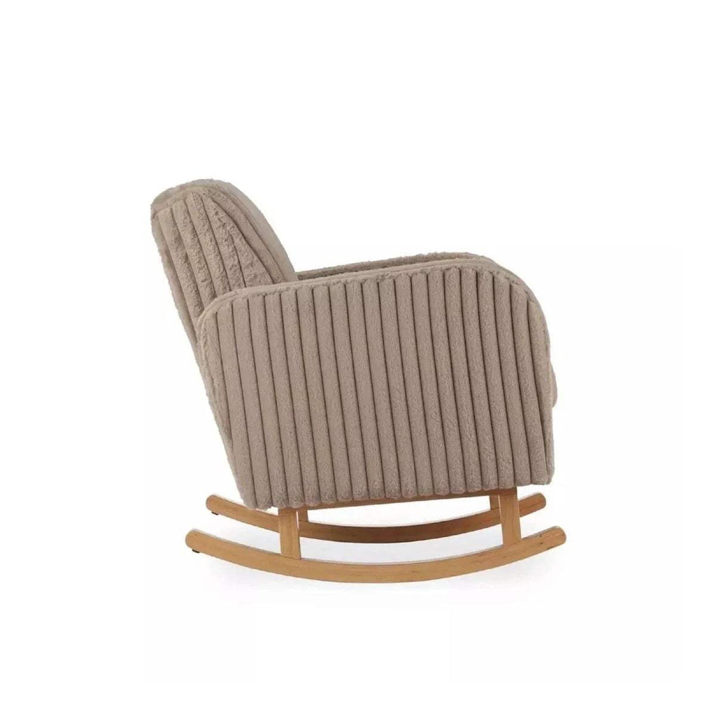 Mink ribbed nursing chair with curved back and wooden rocking runners