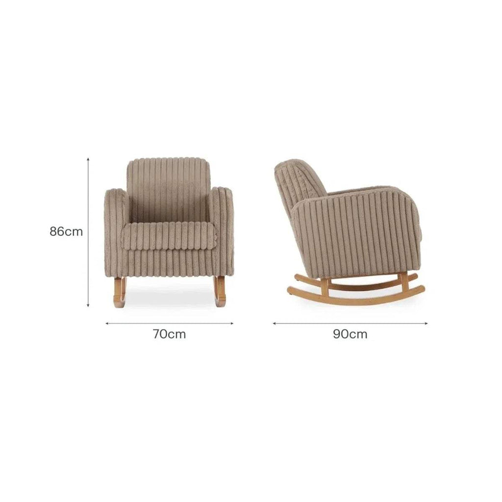 Nursing chair size diagram showing height and width with curved wooden rockers