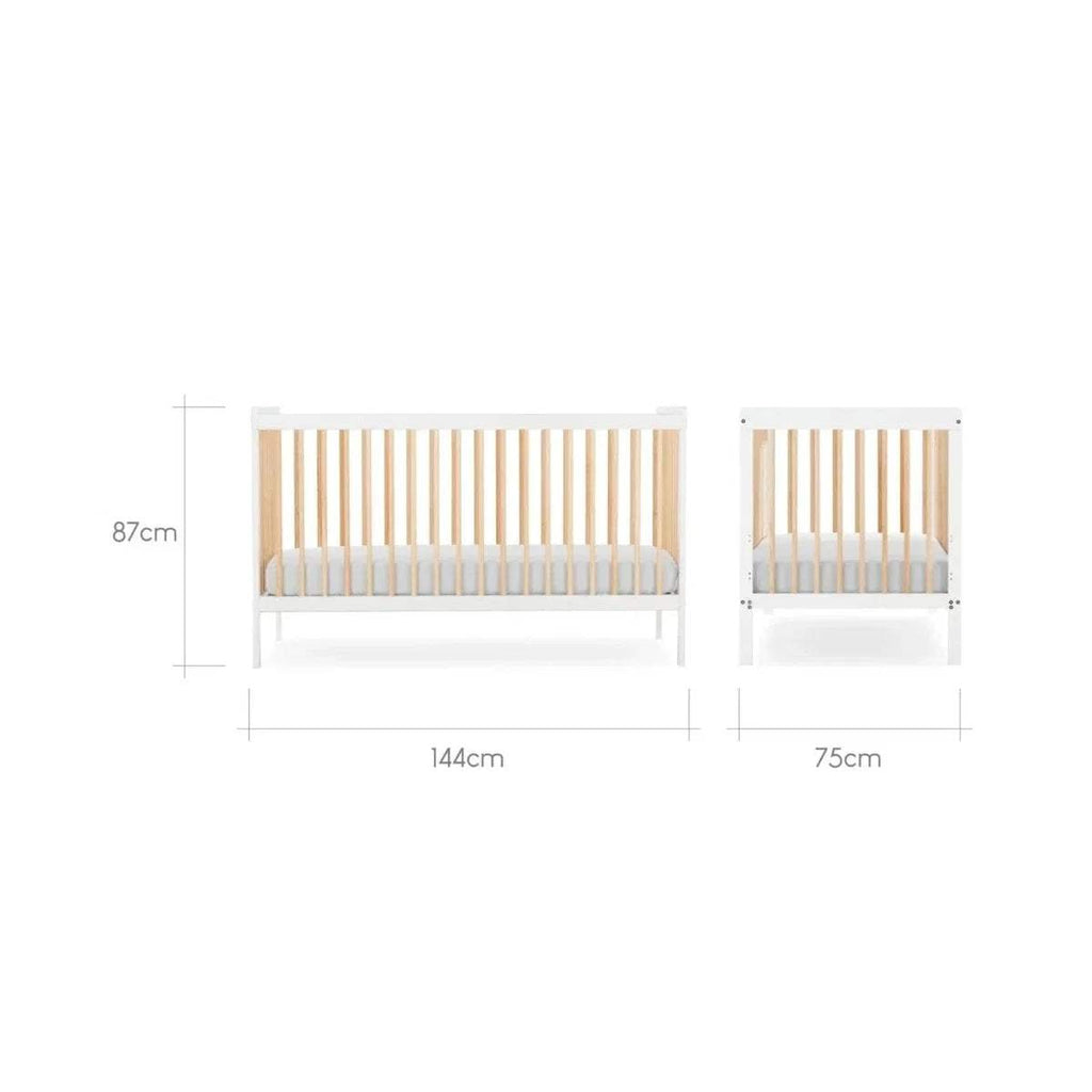 Cot bed dimensions diagram: white frame, natural slats, grey mattress insert; 144cm width.