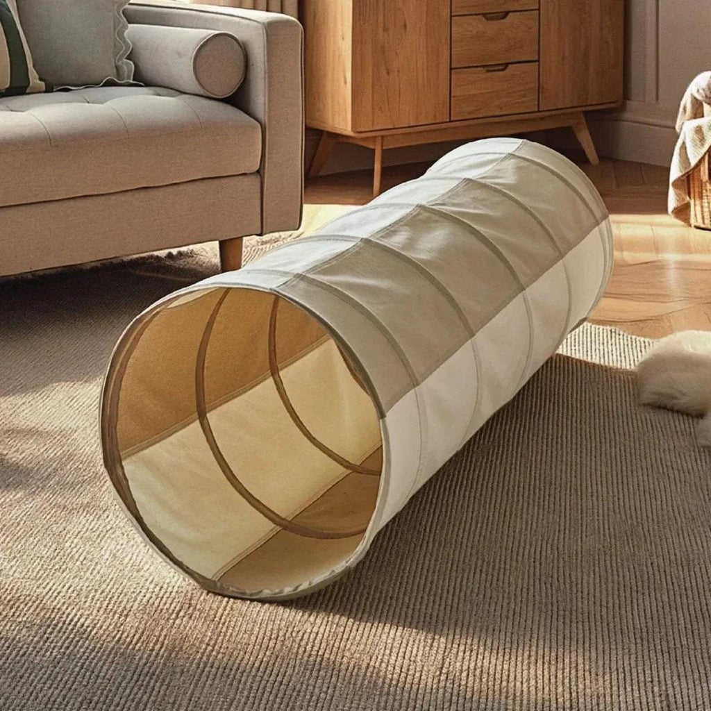 Pop-up play tunnel with round opening, beige and cream striped fabric and curved window