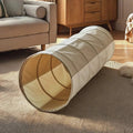 Pop-up play tunnel with round opening, beige and cream striped fabric and curved window