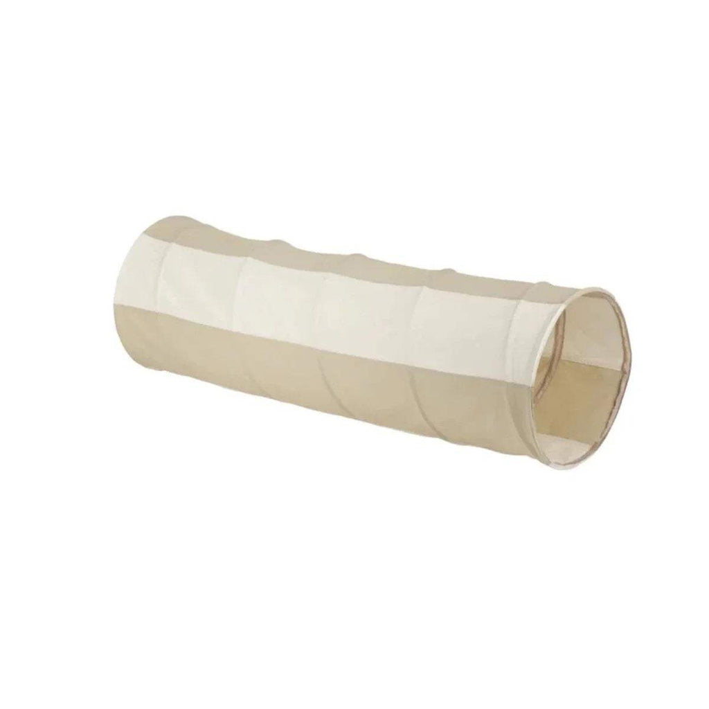 Pop-up play tunnel cylinder in cream and beige striped fabric with rounded end opening