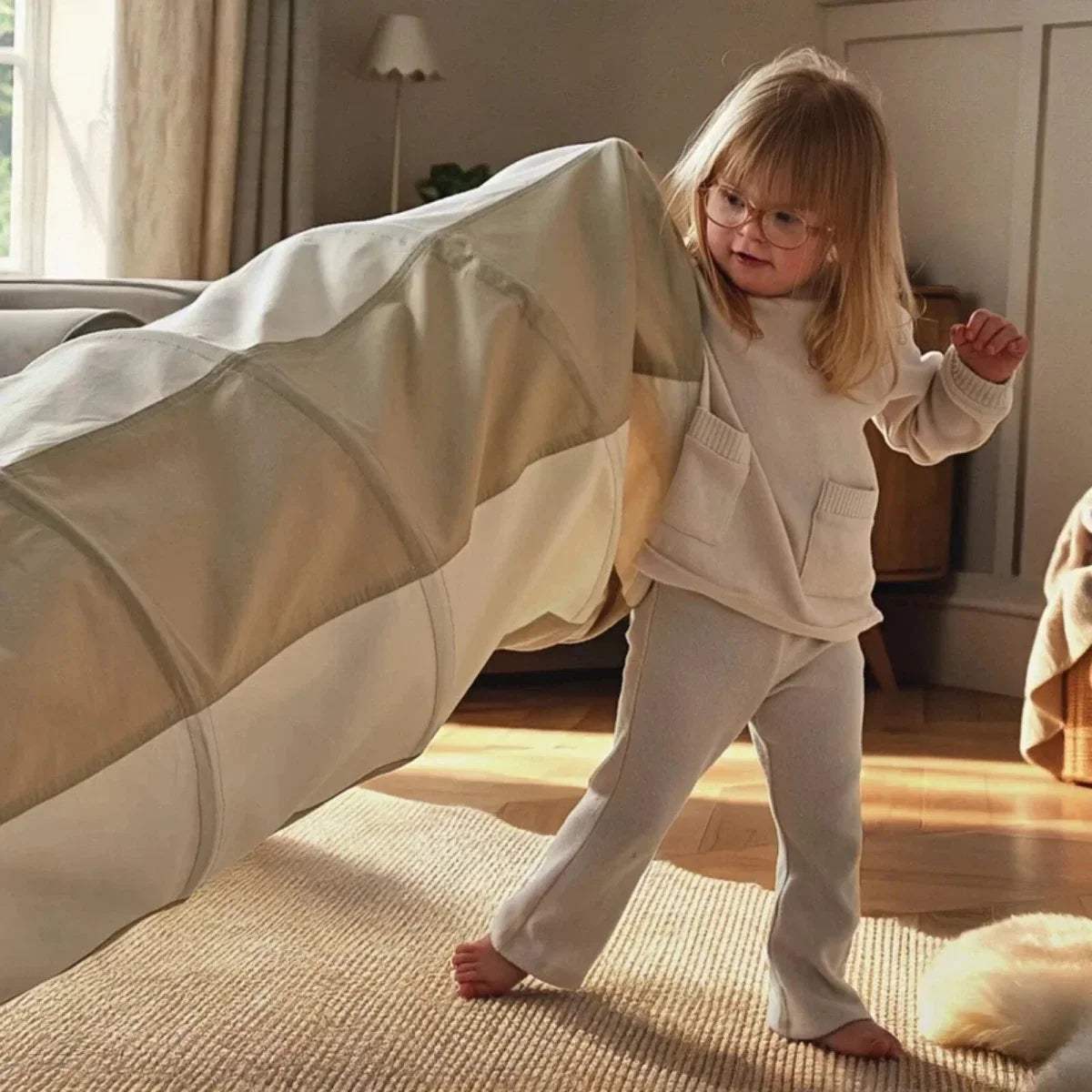 Pop-up play tunnel with open end, cream and beige fabric and curved mesh window panel