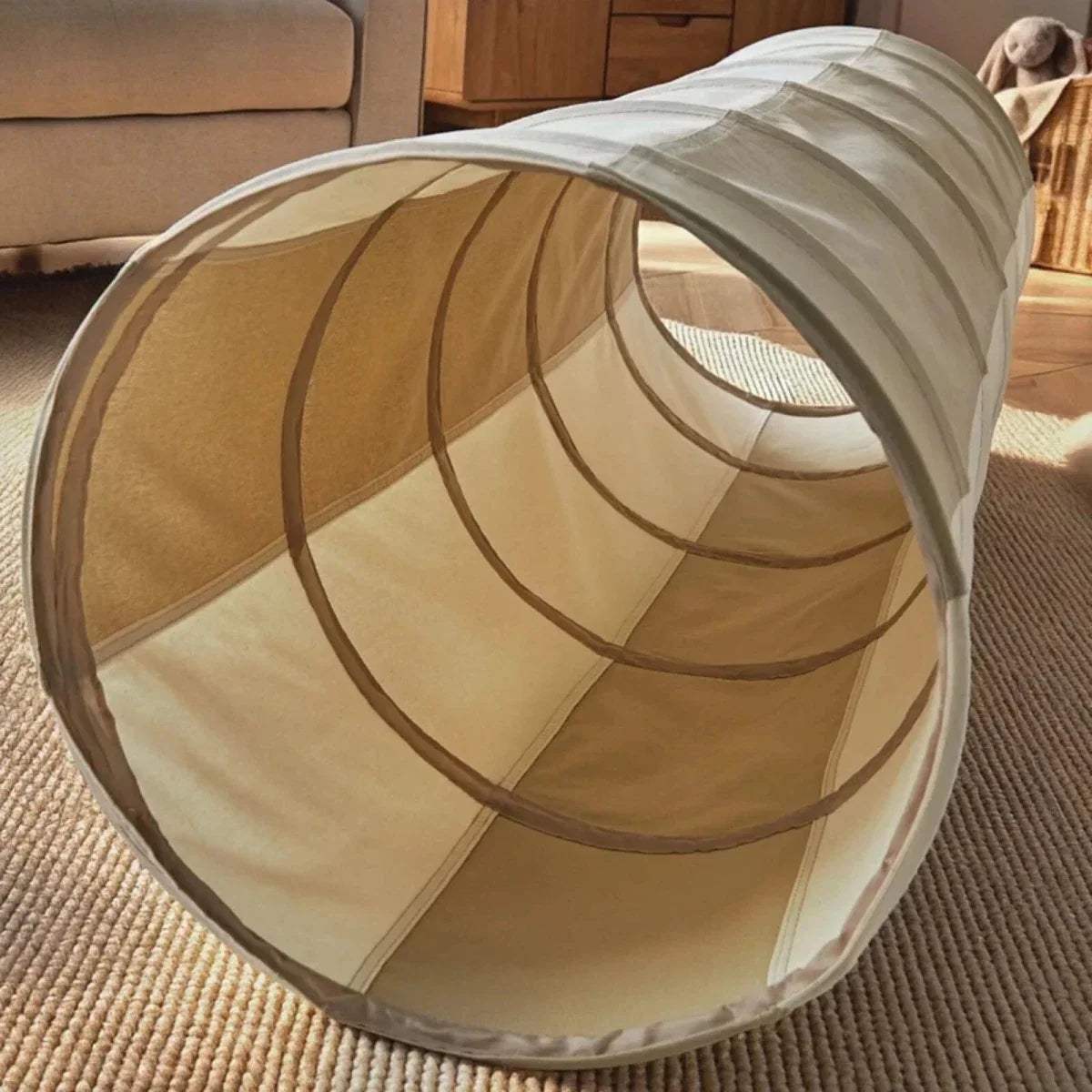 Pop-up play tunnel round entrance with mesh window, beige and cream striped fabric
