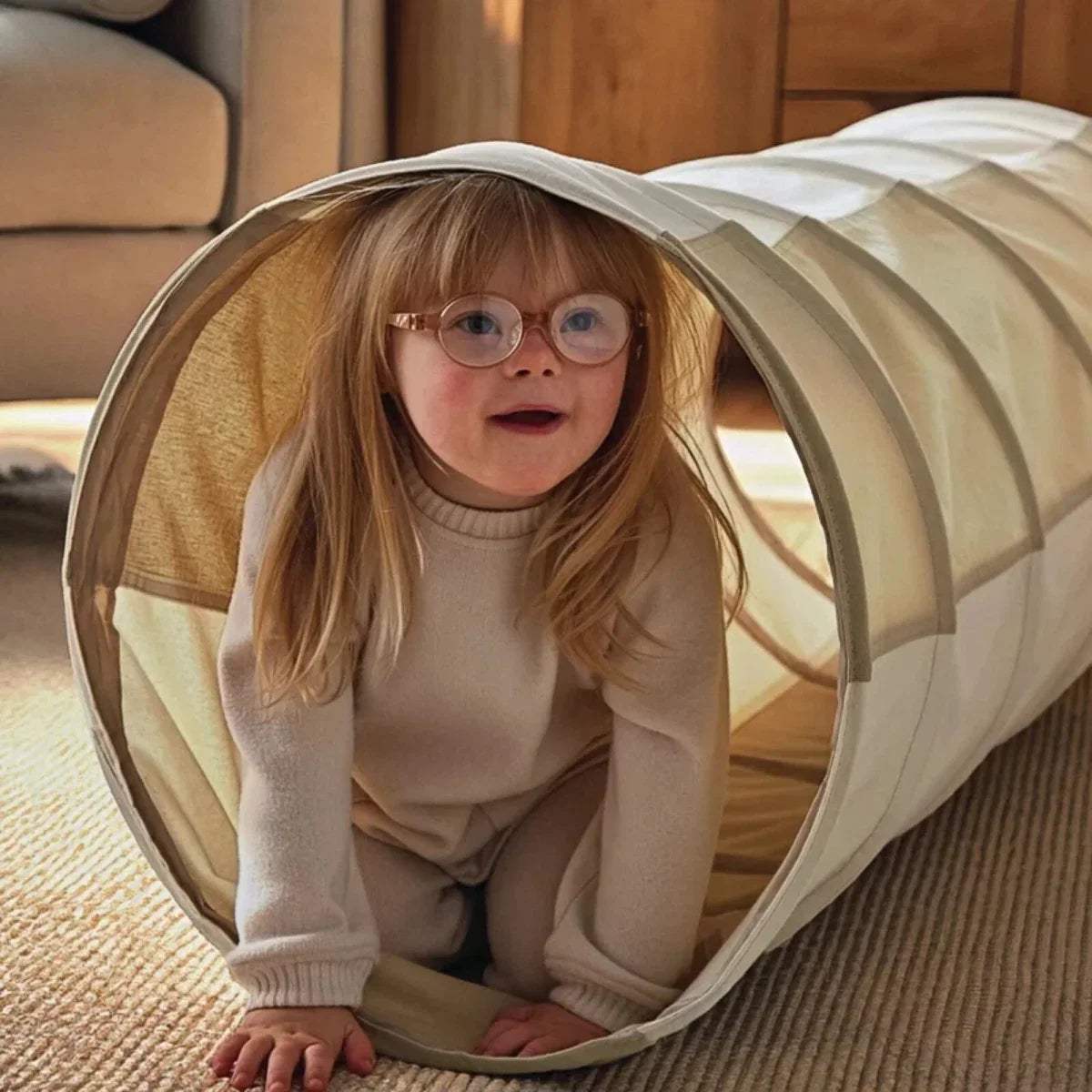 Pop-up play tunnel with round entrance, beige and cream striped fabric cylinder