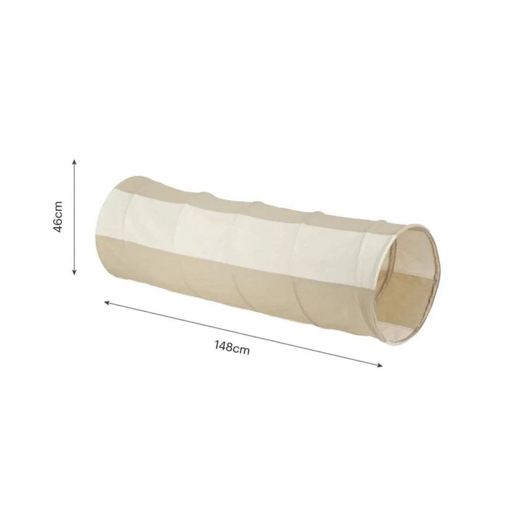 Pop-up play tunnel dimensions: 148cm long, 46cm tall; cream and beige striped fabric