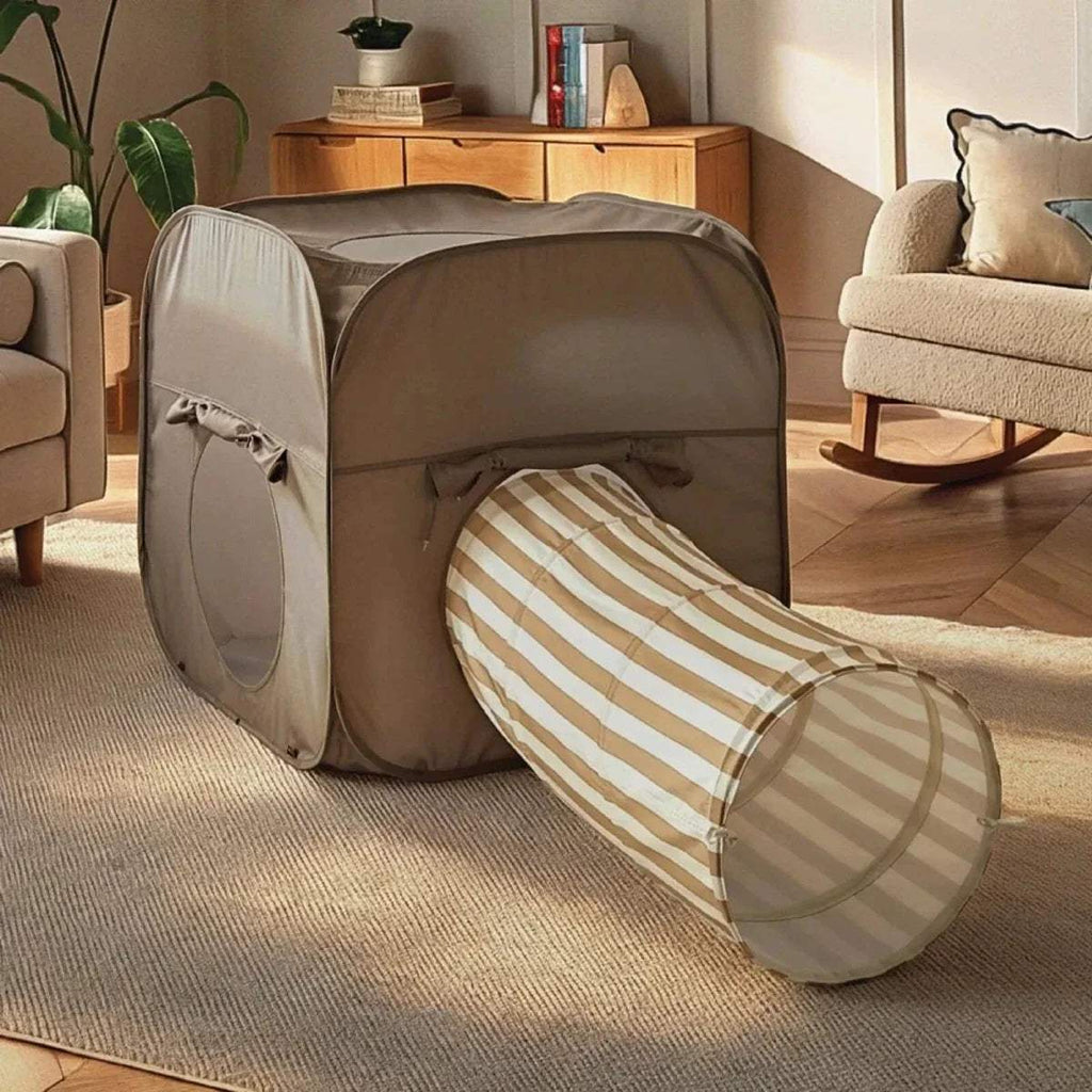 Taupe fabric play cube and striped tunnel play tent set with zip openings