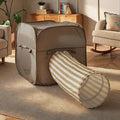 Taupe fabric play cube and striped tunnel play tent set with zip openings