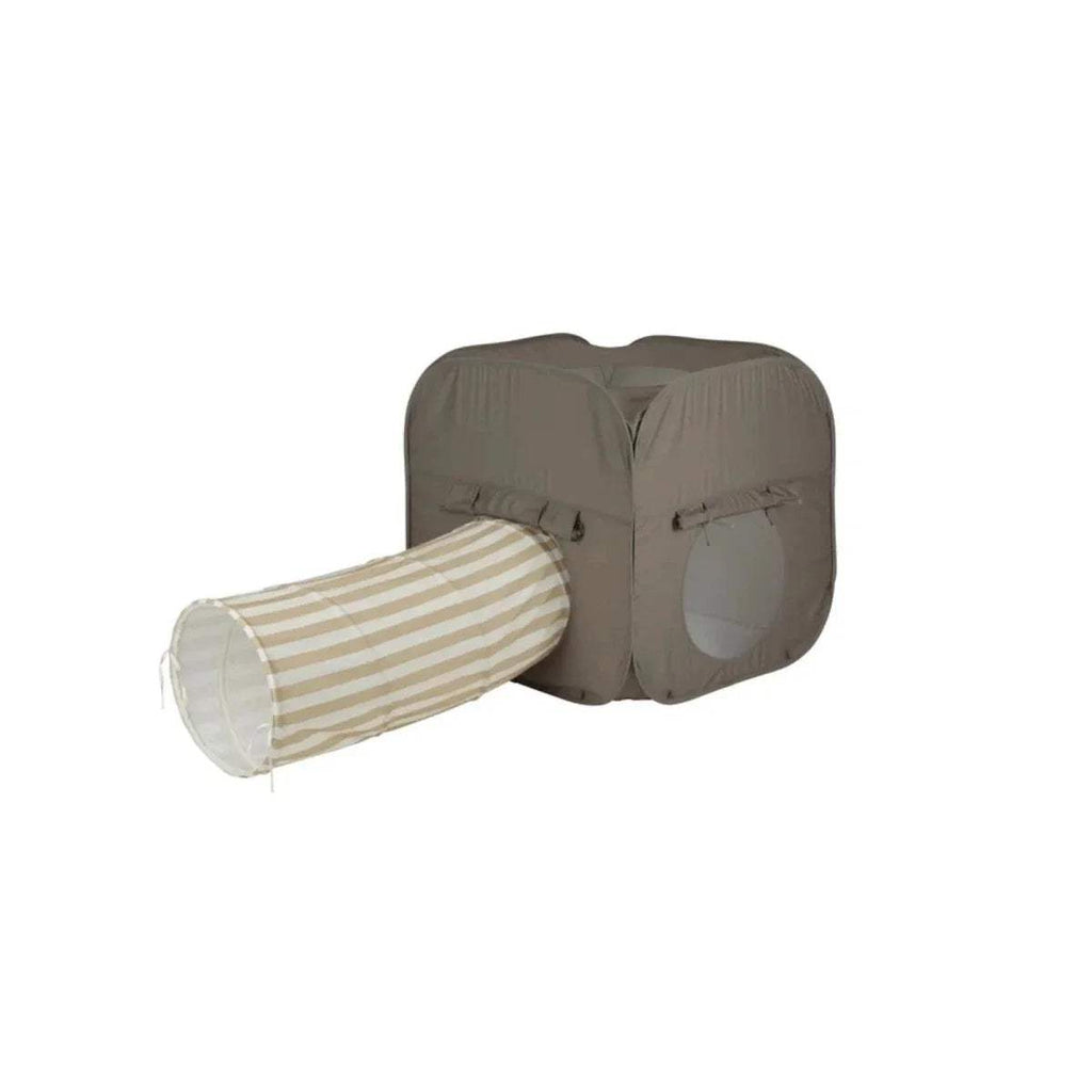 Taupe pop-up play cube with beige-and-tan striped tunnel for crawling