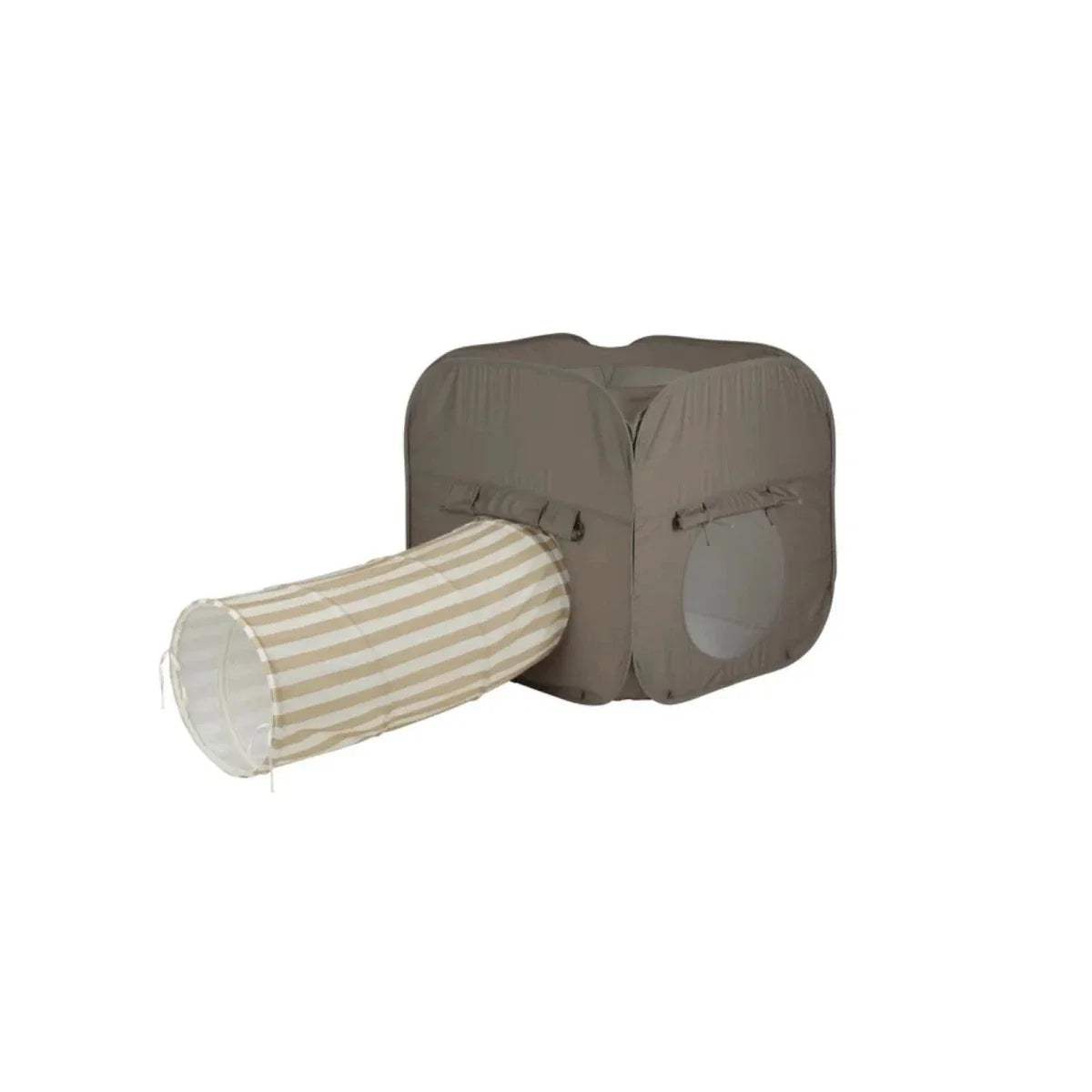 Taupe pop-up play cube with beige-and-tan striped tunnel for crawling