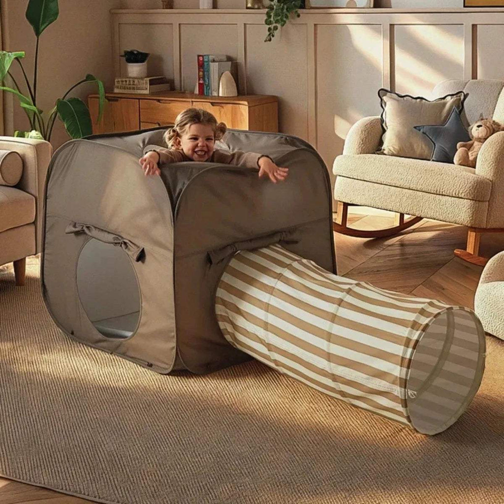 Taupe play cube with attached striped tunnel, curved tunnel opening and panels