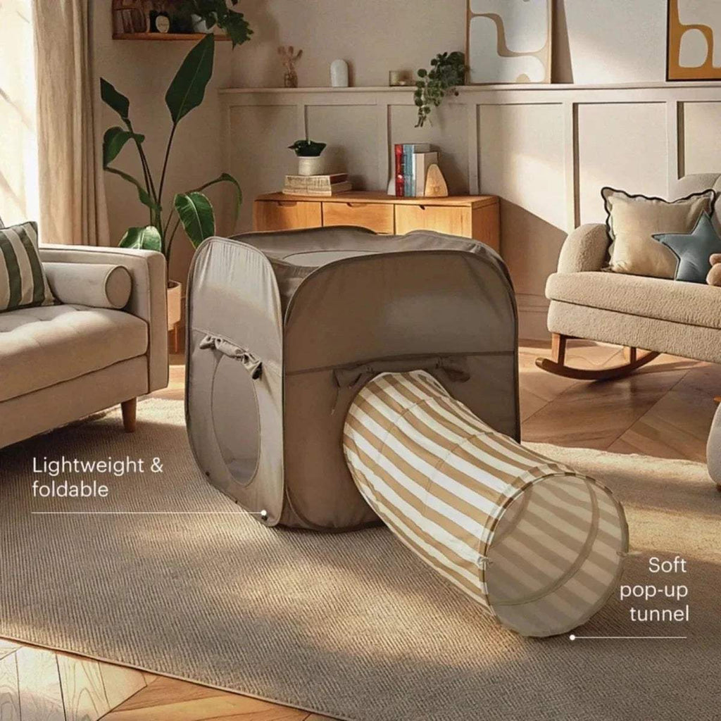 Taupe pop-up cube with striped tunnel, side view of zipped play entrances