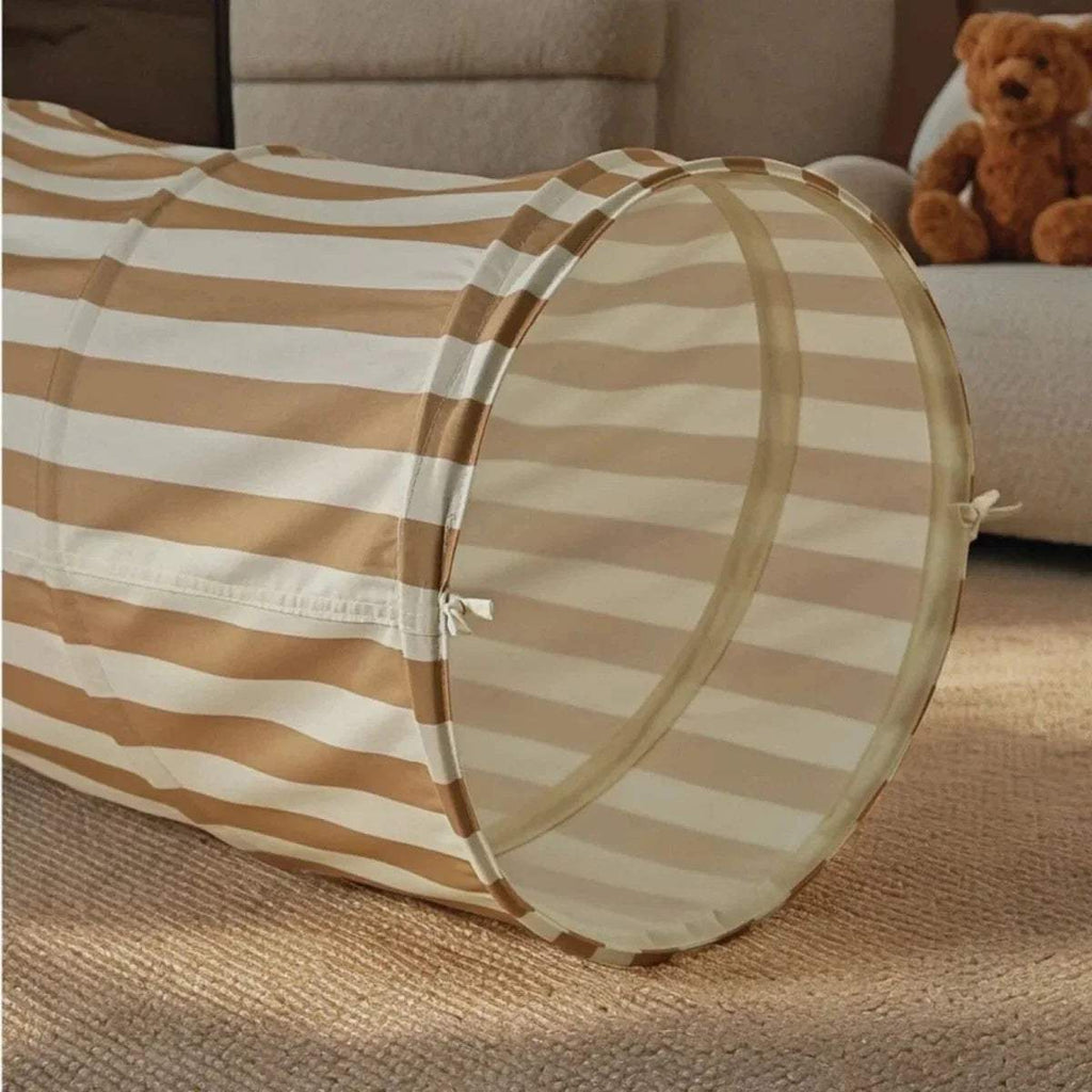 Beige-and-tan striped tunnel fabric with curved side and stitched end opening